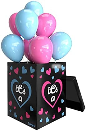 Gender reveal box with balloons pink/blue